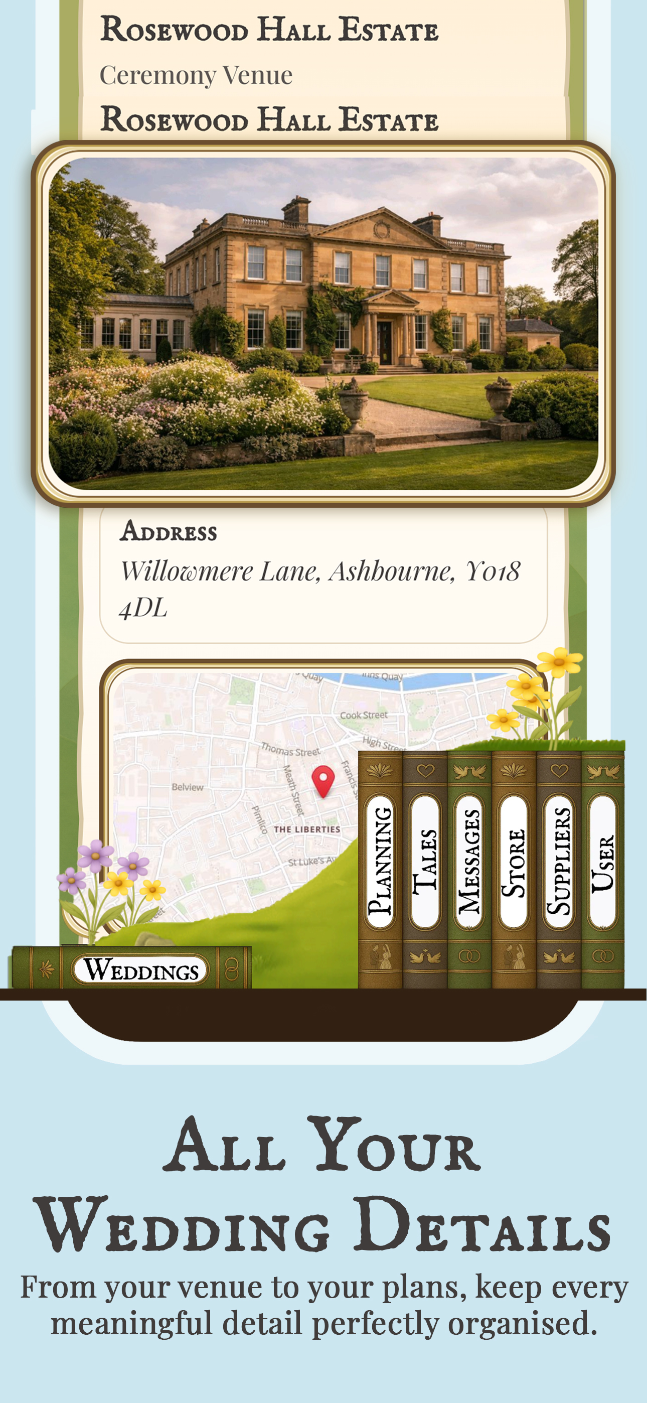 Ever Afterly wedding details app screen