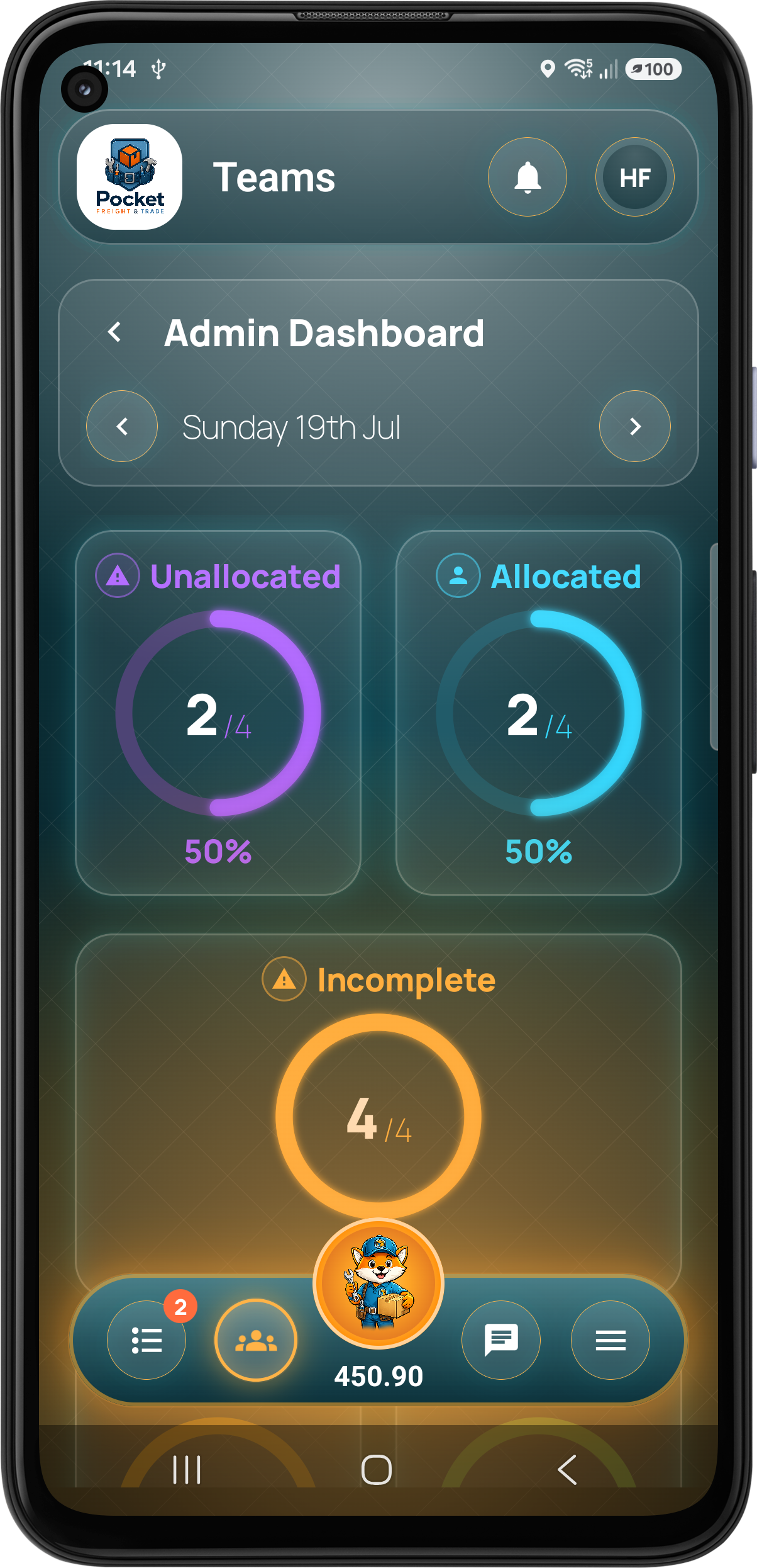 Pocket Freight & Trade admin dashboard app screen