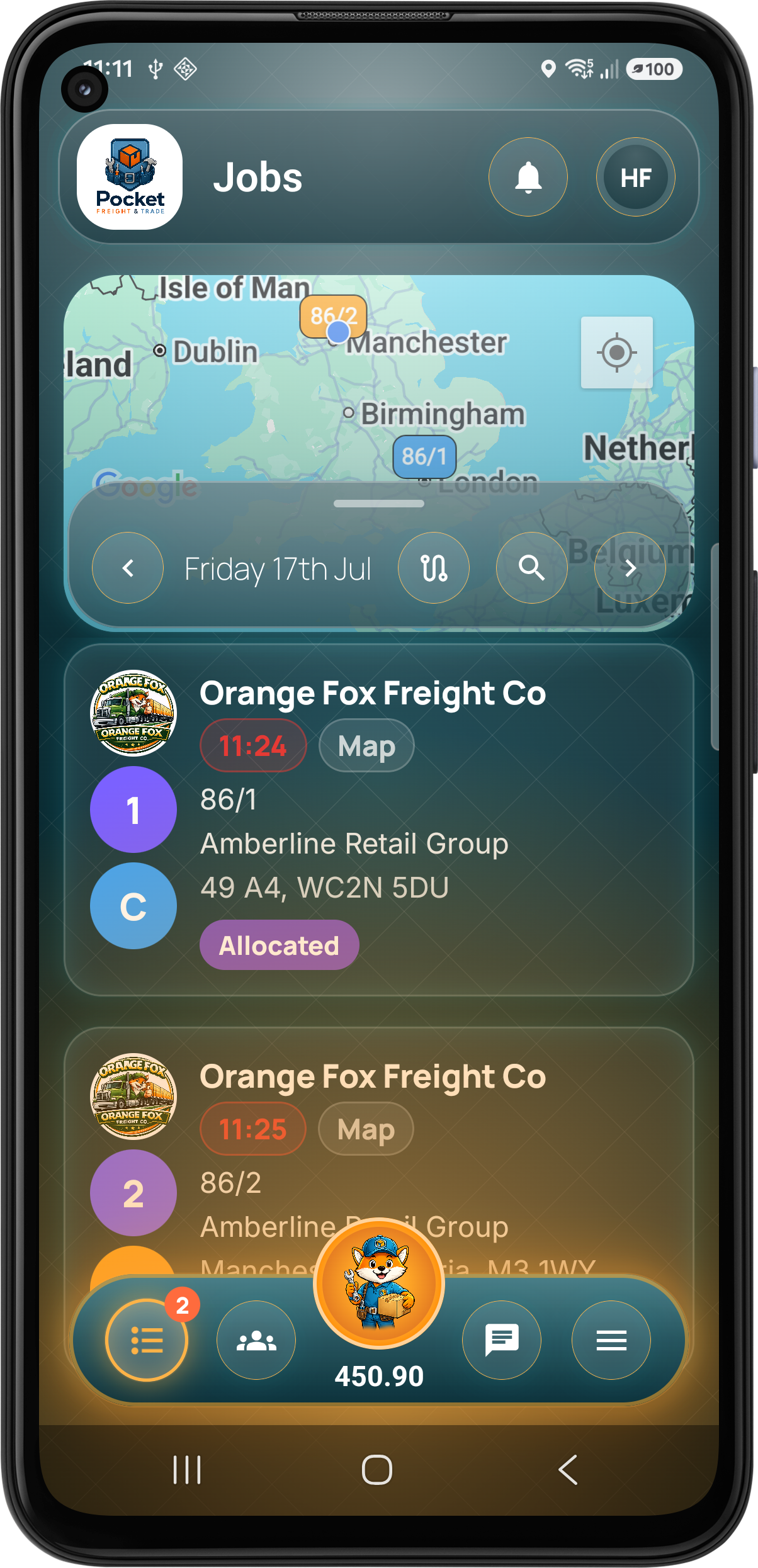 Pocket Freight & Trade mobile job list screen